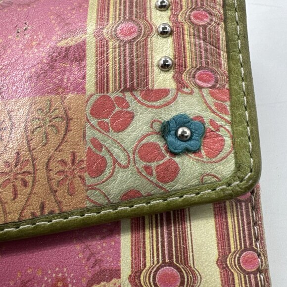 Vintage Fossil Leather Wallet Patchwork Studded Trifold Zip Snap Checkbook Cards - Picture 12 of 14